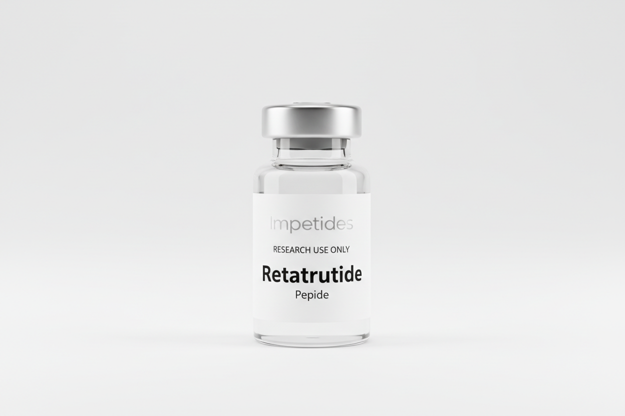 retatrutide vial, with lmpeptides on it, and research use only, nothing extra